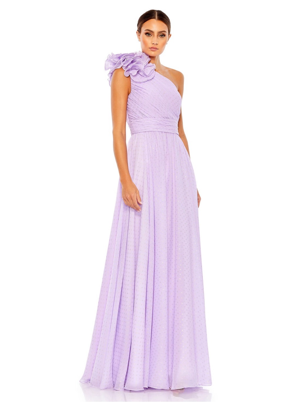 Mac Duggal Lavender One-Shoulder Dotted Ruffle Gown